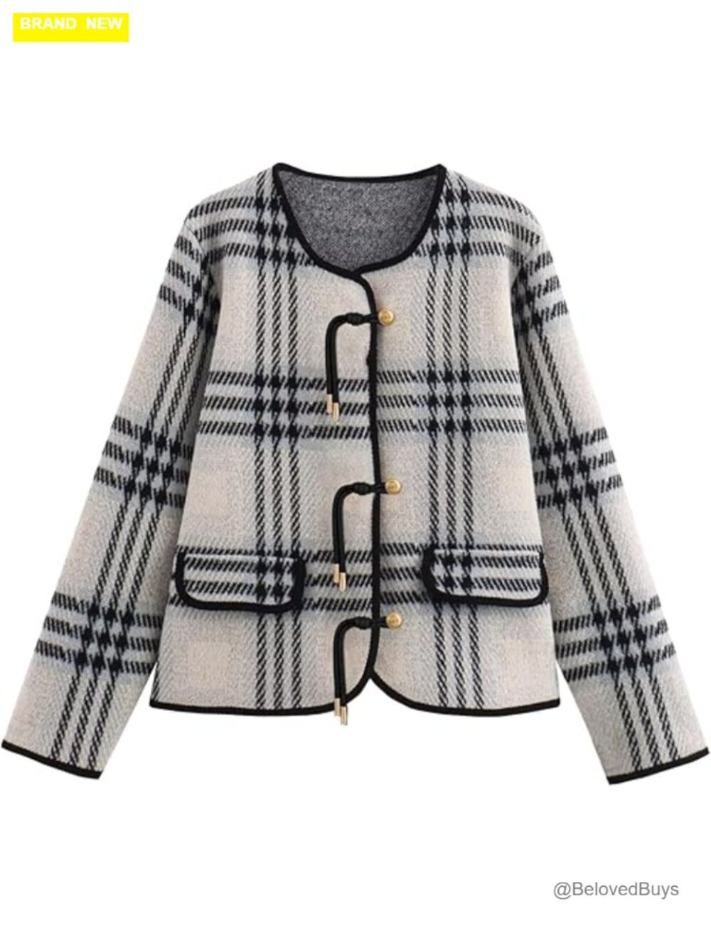 Vintage Plaid Knit Blazer Jacket Cardigan with Pockets